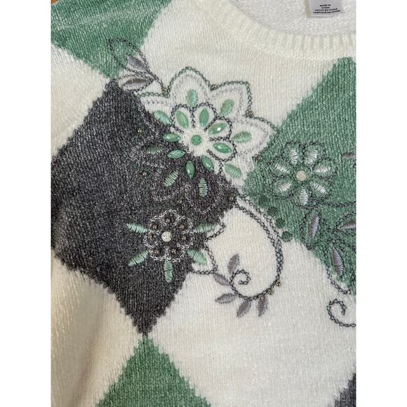 Alfred Dunner Lake Geneva Chenille Sweater, Green/White Size 3x - Picture 5 of 7